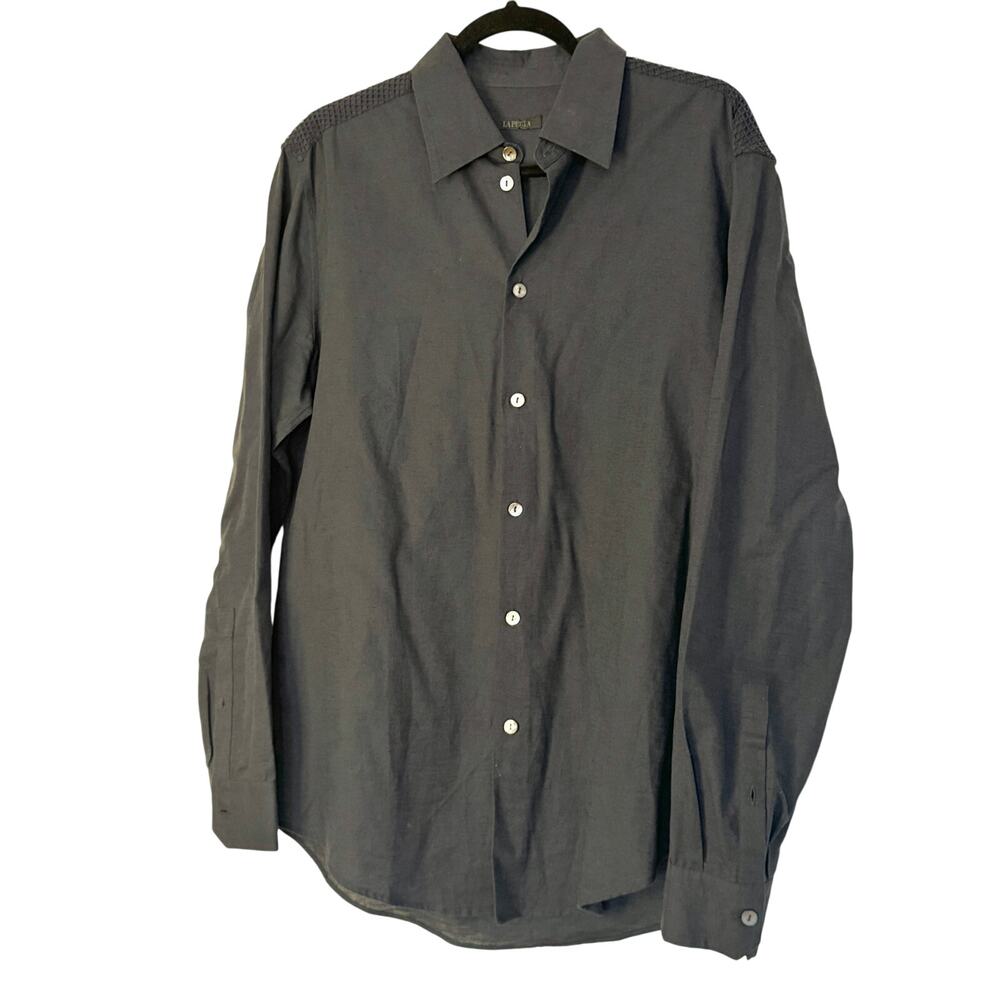 La Perla Men's Navy Blue Linen Shirt with Mesh Details on the Back